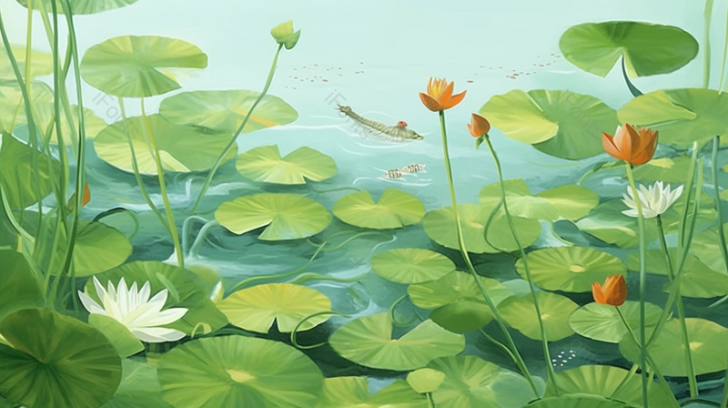 绿色盛夏的季节池塘里荷叶鱼虾,插画/手绘图,插画/手绘图库,插画/手绘图下载,插画/手绘